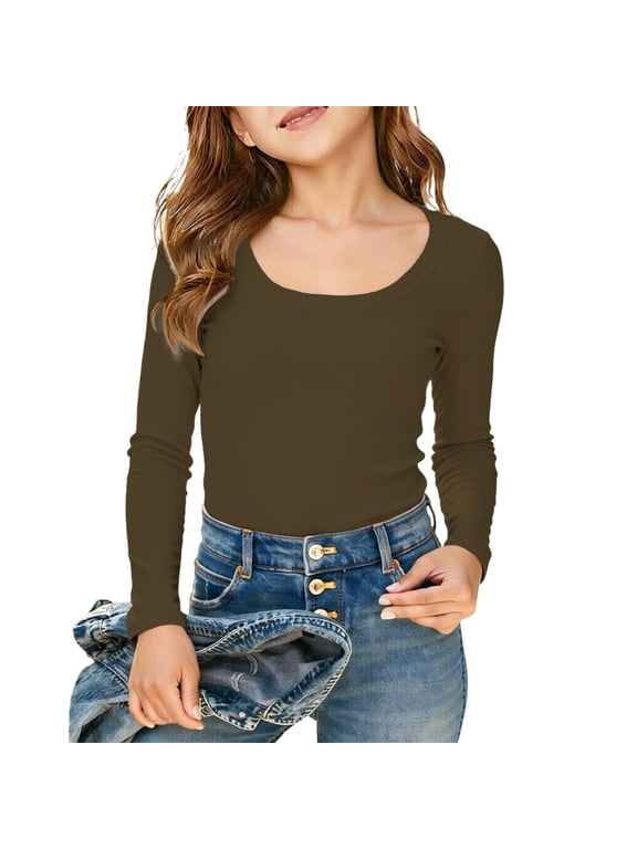 Girls Kids Solid Color Scoop Neck Long Sleeve Ribbed TShirt Slim Fit Casual Tee For Casual Wear Layering Leisure Top