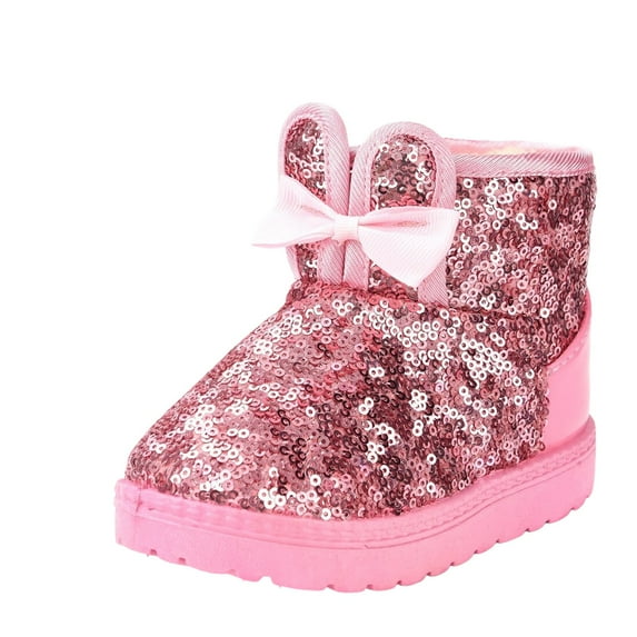 VNKIDY Girls Kids Solid Color Sequin Snow Boots Bunny Ear Bow Decor Plush Lined Traction Sole Shoes For Winter Casual Daily Wear Stylish Footwear