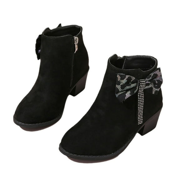 VNKIDY Girls Kids Solid Color Suede Ankle Boots Rhinestone Bow Decor Back Zip Closure Low Heel Traction Sole Shoes For Casual Daily Wear Stylish Footwear