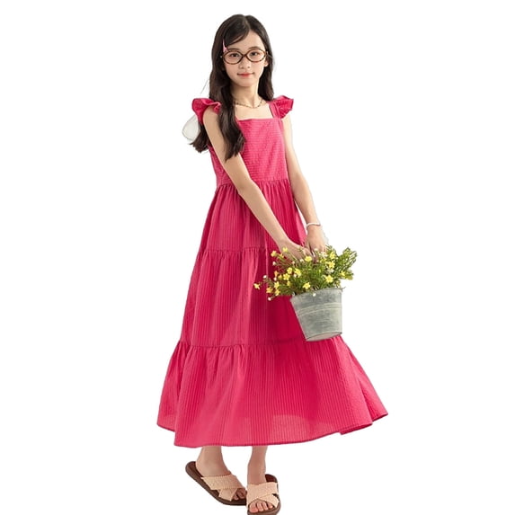 VNKIDY Girls Kids Square Neck Ruffle Strap Striped Tiered Maxi Dress Casual Summer Sundress For Beach Vacation Hot Pink 10-11 Years