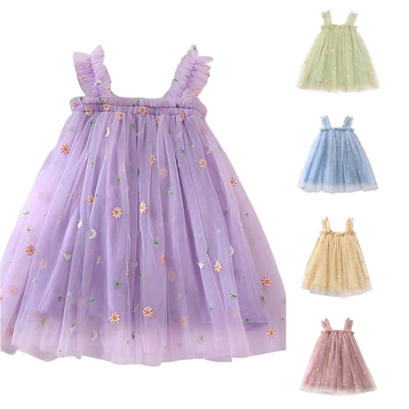 VNKIDY Girls Kids Square Neck Ruffle Thin Strap Floral Embroidery Tulle Swing Dress Daily Summer Princess Tutu Dress For Child 18-24 Months