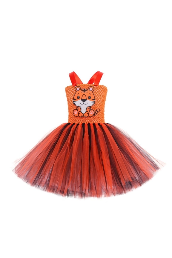 Girls Kids Square Neck Sleeveless Tiger Print Tutu Dress With Cartoon Graphic Bow Decor For Party Wear Orange 2-3 Years