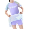 thumbnail image 1 of VNKIDY Girls Kids Two Piece Swimsuit Set With Crew Neck Raglan Short Sleeve Rash Guard Tie Dye Mesh Skirted Bottom For Active Summer Swimming Beach Play Light Purple L, 1 of 8