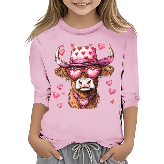 VNKIDY Girls Kids Valentine's Day T-Shirt With Cute Heart Cow Prints Short Sleeve Crewneck Loose Fit Tee Shirt For Holiday Casual Daily Outdoor Activities Fashionable Tee