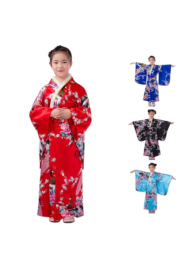 Girls Kids Wide Lapel Traditional Floral Print Kimono Robe Loose Long Sleeve Full Length Outfit With Matching Decorative Waist Belt For Little Kids Cozy Bottoms 5-6 Years