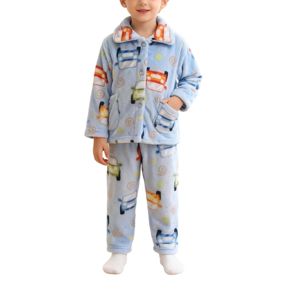 VNKIDY Girls Kids Winter 2 Piece Homewear Outfit Plush Cartoon Pattern Long Sleeve Buttoned Collared Top Elastic Waisted Pants For Home Relaxation Trendy Set