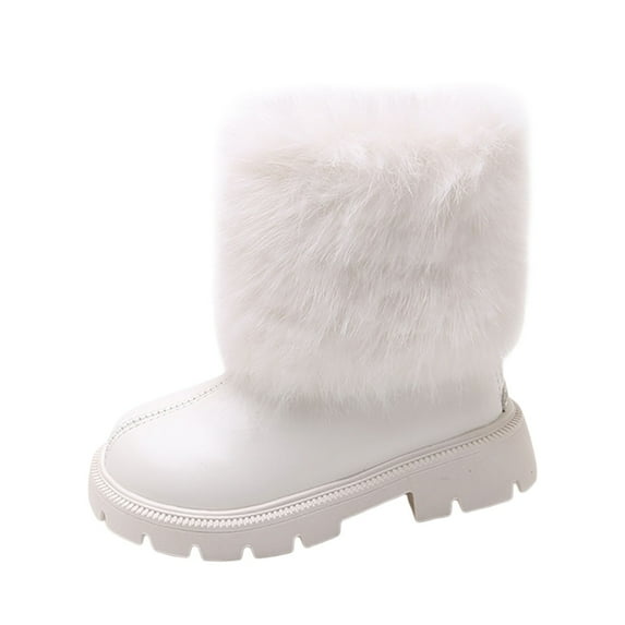 VNKIDY Girls Kids Winter Solid Color Leather Boots Fuzzy Trim Thick Sole Warm Lined Shoes For Cold Weather Outdoor Daily Wear Classic Footwear