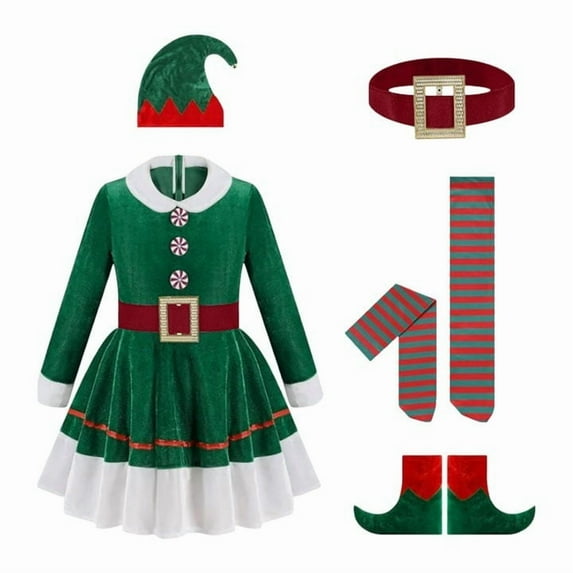 VNKIDY Girls Outfit Christmas Kids Elf Fancy Dress Set Green Velvet Lapel Long Sleeve Dress With Buttons Striped Socks Elf Hat Pointed Shoes For Party Wear Fashionable Sets