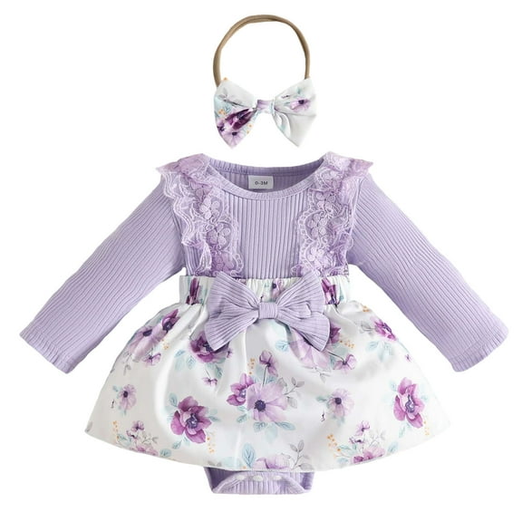 VNKIDY Girls Outfits Baby Floral Prints Outfit Long Sleeve Crewneck Ribbed Bodysuit Dress With Lace Ruffles Matching Floral Bow Headband For Casual Daily Dress Up Adorable Set