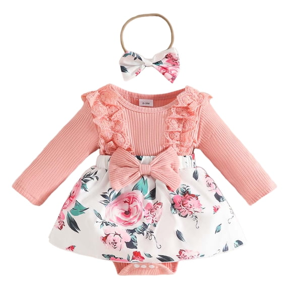 VNKIDY Girls Outfits Baby Floral Prints Outfit Long Sleeve Crewneck Ribbed Bodysuit Dress With Lace Ruffles Matching Floral Bow Headband For Casual Daily Dress Up Cozy Set