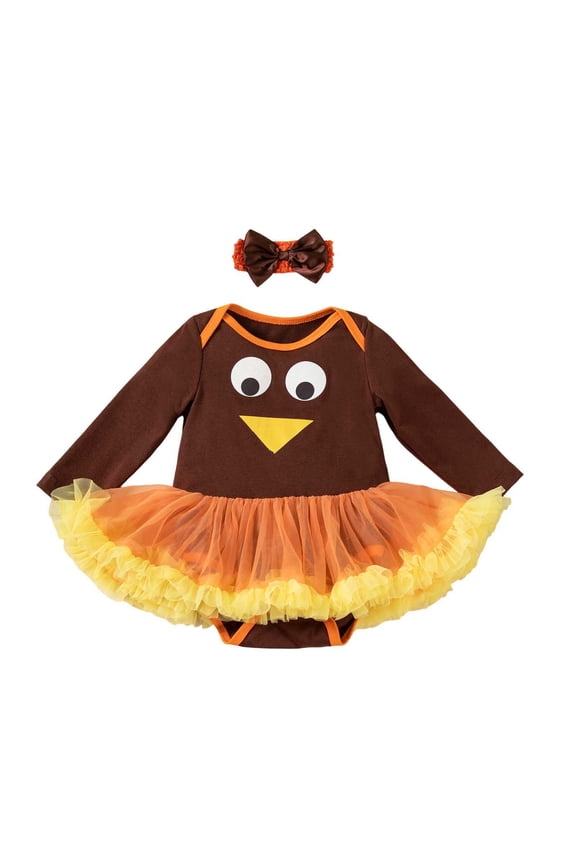 Girls Outfits Baby Thanksgiving Outfit Turkey Prints Long Sleeve Bodysuit With Tulle Tutu Skirt Matching Bow Headband For Festive Holiday Dress Up Leisure Outfits