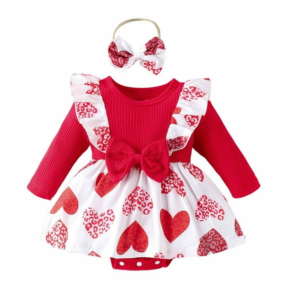 VNKIDY Girls Outfits Baby Infant Valentine's Day Set Heart Prints Ruffled Long Sleeve Crewneck Ribbed Bodysuit Dress Matching Bow Headband For Holiday Dress Up Trendy Set