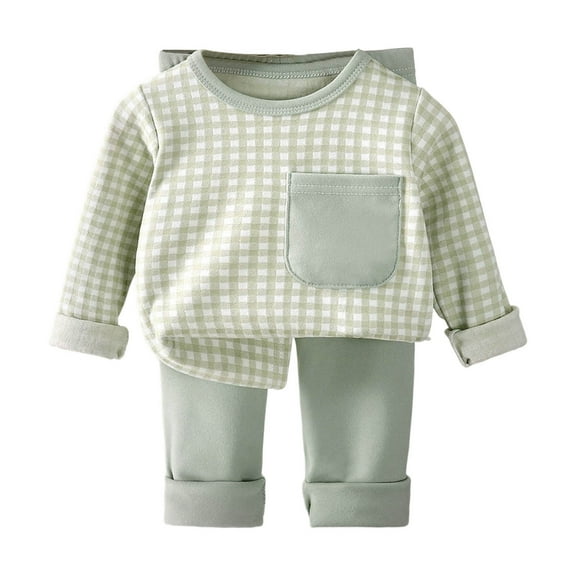 VNKIDY Girls Outfits Children Kids Winter Plush Interior Thermal Outfit Long Sleeve Crewneck Plaid Top Solid Color Pants Home Wear Set For Relaxing Trendy Outfits