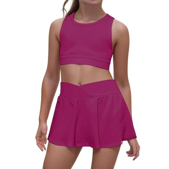 VNKIDY Girls Outfits Kids 2 Piece Sporty Set Solid Color Sleeveless Crop Top With Matching Skort For Daily Outdoor Activities Cozy Sets