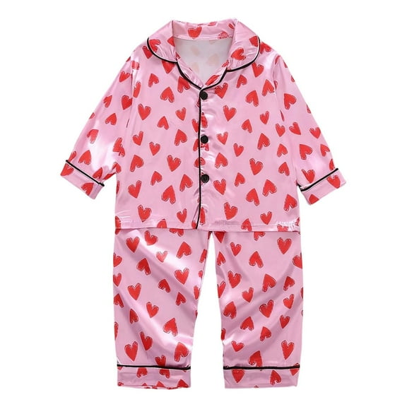 VNKIDY Girls Outfits Kids Children Cozy 2 Piece Outfit Pink Heart Prints Long Sleeve Lapel Button Down Top Loose Fit Pants Home Wear Set Fashionable Outfits