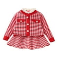 thumbnail image 1 of VNKIDY Girls Outfits Kids Elegant 2 Piece Set Plaid Knit Long Sleeve Button Down Jacket With Matching Skirt For Autumn Winter Casual Chic Wears Lovely Sets, 1 of 2