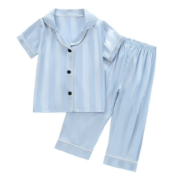 VNKIDY Girls Outfits Kids Elegant Loungwear Set Short Sleeve Lapel Button Down Top With Contrast Trim Matching Loose Fit Pants For Daily Home Wear Classic Sets