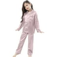 thumbnail image 1 of VNKIDY Girls Outfits Kids Elegant Solid Color Satin Loungewear Set Long Sleeve Lapel Button Down Top With Matching Elastic Waisted Pants For Daily Home Wear Cute Sets, 1 of 3