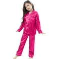 thumbnail image 1 of VNKIDY Girls Outfits Kids Elegant Solid Color Satin Loungewear Set Long Sleeve Lapel Button Down Top With Matching Elastic Waisted Pants For Daily Home Wear Relaxed Fit Sets, 1 of 3