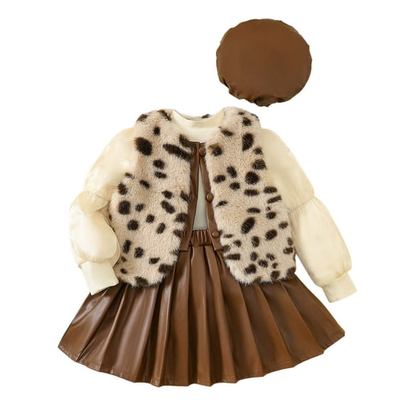 VNKIDY Girls Outfits Toddler Kids Winter Fashion Set Leopard Print Fuzzy Gilet Puff Long Sleeve Top Brown Pleated Leather Skirt Matching Headpiece For Daily Wear Stylish Outfits