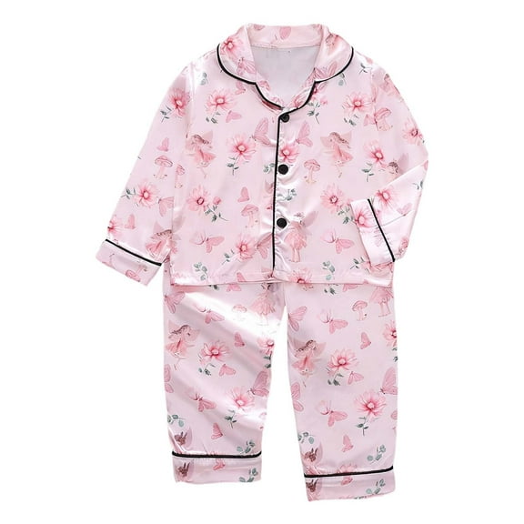 VNKIDY Girls Outfits Toddlers Children Flower Butterfly Prints Soft Outfit Pink Long Sleeve Lapel Button Down Top Loose Fit Pants Home Wear Set Cozy Outfits
