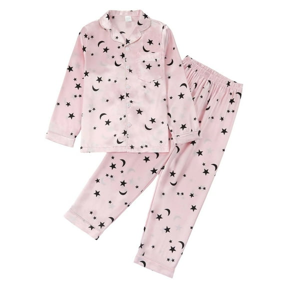 VNKIDY Girls Outfits Toddlers Children Moon Star Prints 2 Piece Outfit Long Sleeve Button Down Lapel Top Loose Fit Pants Home Wear Set For Relaxing Soft Outfits
