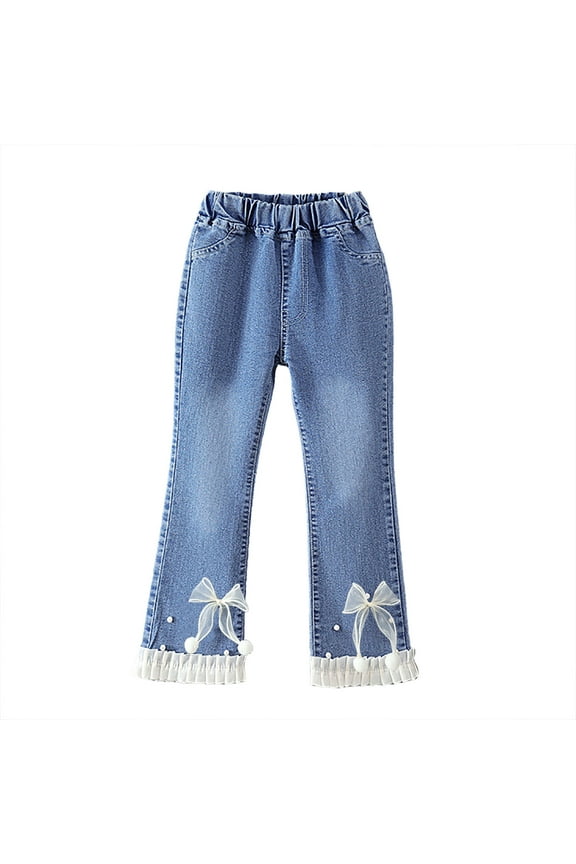 Girls Pants Kids Bow Decorated Denim Flared Pants Relaxed Fit Elastic Waisted Ruffled Design Trousers For Daily Wear Outdoor Leisure Activities Cozy Bottoms