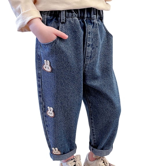 VNKIDY Girls Pants Kids Street Style Bunny Embroidered Denim Pants High Elastic Waisted Loose Fit Trousers For Cute Casual Daily Outdoor Wear Trendy Pants
