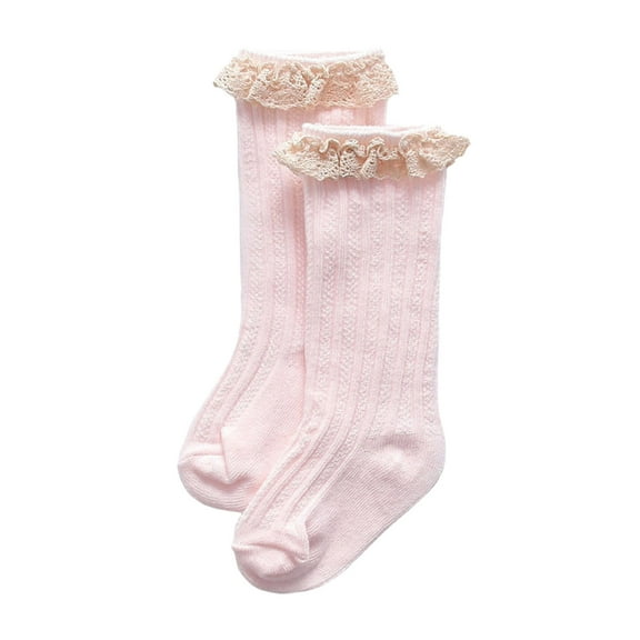 VNKIDY Girls Socks Kids Knee Length Socks With Lace Ruffle Ribbed Knit Solid Color Stylish Footwear For Daily Casual Activities Soft Socks