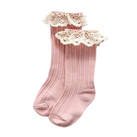 VNKIDY Girls Socks Kids Knee Length Socks With Lace Ruffle Ribbed Knit Solid Color Stylish Footwear For Daily Casual Activities Stylish Socks