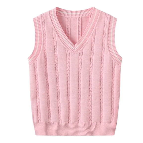 VNKIDY Girls Sweaters Solid V Neck Cable Knit Sweater Vest Classic Cable Pattern Neckline Armholes With Contrast Striped Trim Soft Knitted Fabric For Timeless Elegant Look Stylish Knitwear