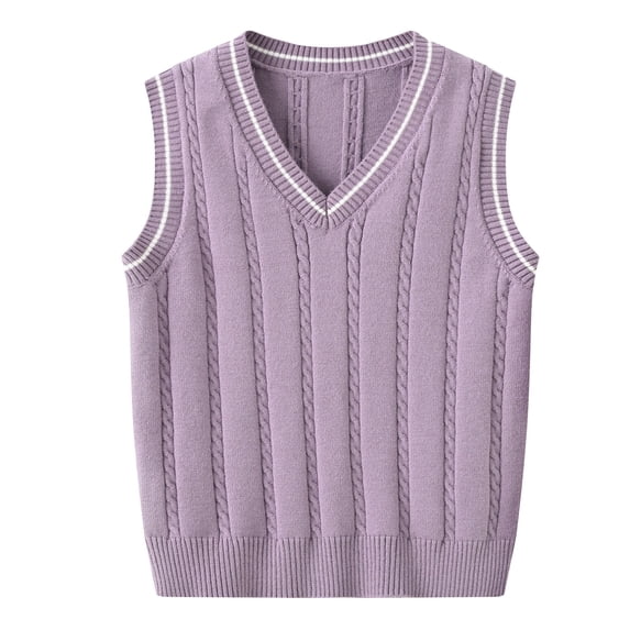 VNKIDY Girls Sweaters Solid V Neck Cable Knit Sweater Vest Classic Cable Pattern Neckline Armholes With Contrast Striped Trim Soft Knitted Fabric For Timeless Elegant Look Cute Knitwear