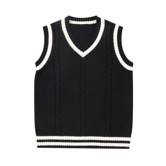 VNKIDY Girls Sweaters Toddler Kids Vintage Style Cable Knitted Vest V Neck Sleeveless Loose Fit Classic Cropped Jumper With Contrast Trim For Baby Casual Daily Layered Wear Soft Knitwear
