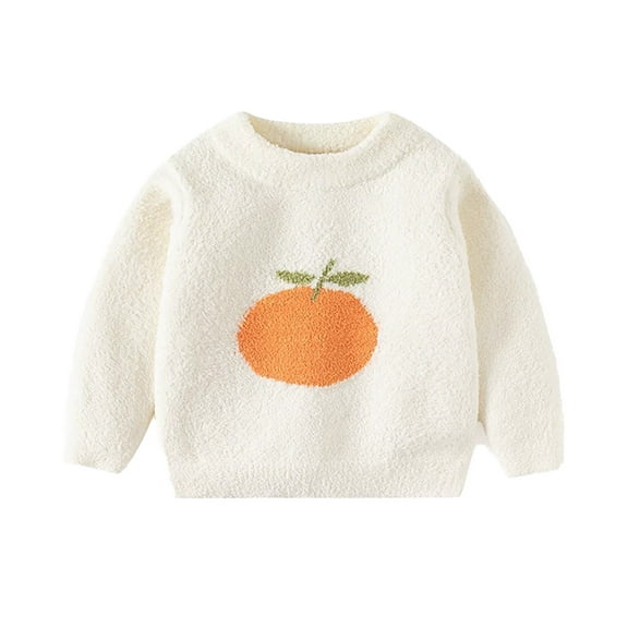 VNKIDY Girls Sweaters Winter Kids Playful Style Orange Pattern Sweater Thermal Crewneck Long Sleeve Loose Fit Jumper For Casual Daily Wear Classic Knitwear