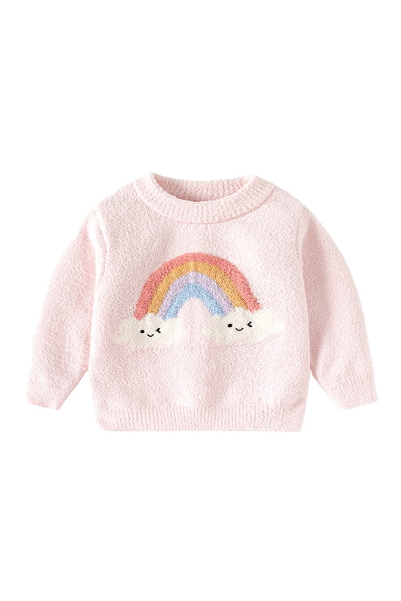 Girls Sweaters Winter Kids Playful Style Rainbow With Cloud Pattern Sweater Thermal Crewneck Long Sleeve Loose Fit Jumper For Outdoor Activities Stylish Knitwear