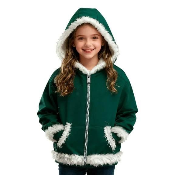 VNKIDY Girls Sweatshirts Christmas Kids Autumn Fuzzy Trimmed Jacket Full Zip Hooded Long Sleeve Loose Fit Plush Outerwear With Pockets For Cold Weather Classic Tops