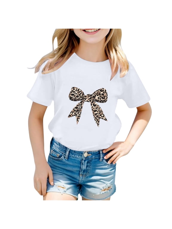 Girls TShirts Kids Leopard Bow Graphic Prints Tees Short Sleeve Crewneck Loose Fit Top For Casual Daily Outdoor Activities Versatile Top White 10-11 Years