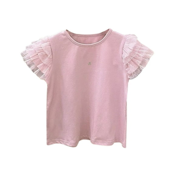 VNKIDY Girls Tees Summer Baby Girl Solid Color Round Neck Netted Flutter Sleeves Top Short Sleeved T Shirt Classic Tops