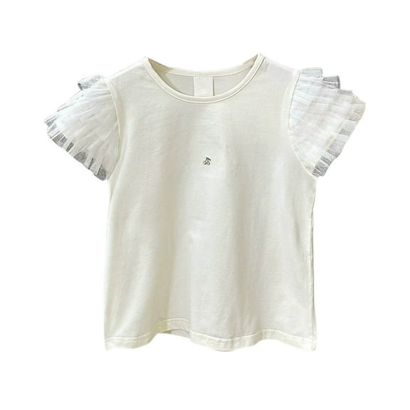 VNKIDY Girls Tees Summer Baby Girl Solid Color Round Neck Netted Flutter Sleeves Top Short Sleeved T Shirt Leisure Tops