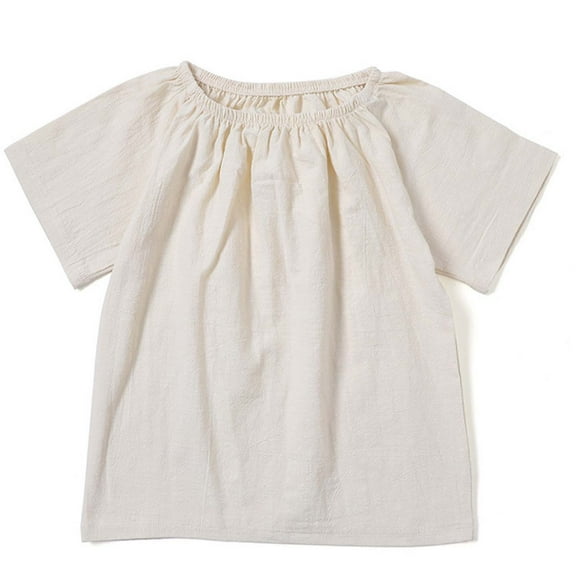 VNKIDY Girls Tees Summer Clothing Baby Girls Round Neck Plain Color Linen T Shirt With Pure Texture Breathable Short Sleeved T Shirt Trendy Tops