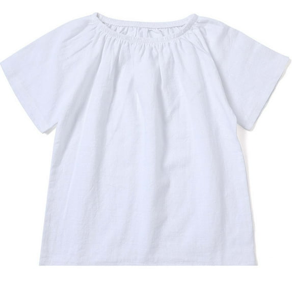 VNKIDY Girls Tees Summer Clothing Baby Girls Round Neck Plain Color Linen T Shirt With Pure Texture Breathable Short Sleeved T Shirt Trendy Tops