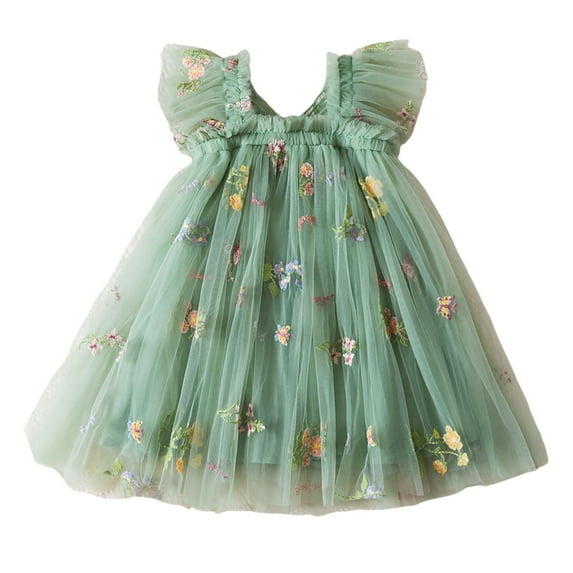 VNKIDY Girls Toddler Floral Embroidery Tulle Dress Ruffle Strap A Line Fairy Party Dress For Casual Daily Wear Green 2-3 Years