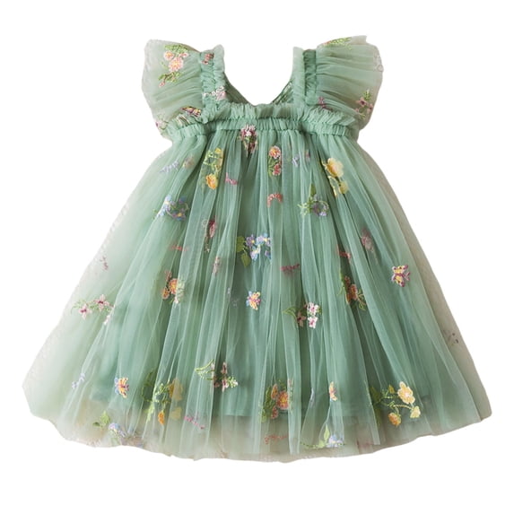 VNKIDY Girls Toddler Floral Embroidery Tulle Dress Ruffle Strap A Line Fairy Party Dress For Casual Daily Wear Green 4-5 Years