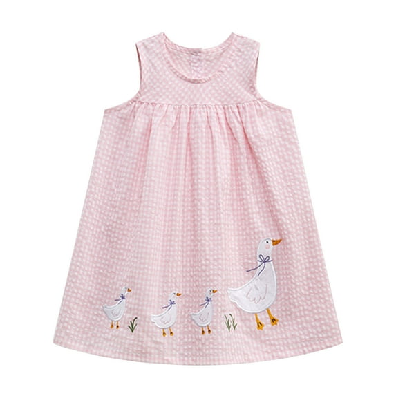 VNKIDY Girls Toddler Kids Gingham Dress Sleeveless Crewneck Duck Embroidery A Line Casual Dress For Summer Daily Wear Pink 5-6 Years