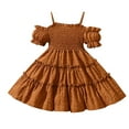 thumbnail image 1 of VNKIDY Girls Toddler Solid Color Cold Shoulder Dress Spaghetti Strap Smocked Bodice Ruffle Tiered A Line Casual Sundress For Summer Daily Wear Brown 12-18 Months, 1 of 4