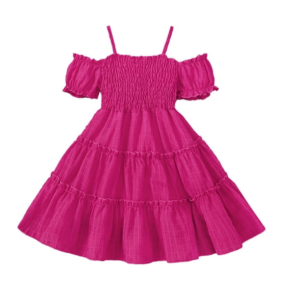 VNKIDY Girls Toddler Solid Color Cold Shoulder Dress Spaghetti Strap Smocked Bodice Ruffle Tiered A Line Casual Sundress For Summer Daily Wear Pink 5-6 Years