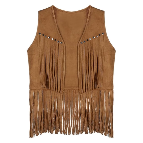 VNKIDY Girls Vest Kids Solid Color Suede Fringe Vest Double Layer Fringe Coat With Stud Decor For Daily Casual Wear Classic Top Brown 6-7 Years