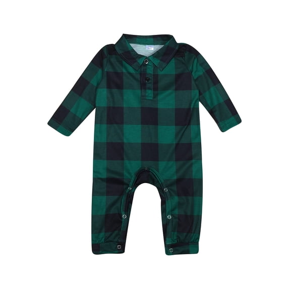 VNKIDY Infant Christmas Family Matching Green Plaid Romper Long Sleeve Lapel Jumpsuit With Button Details For Home Relaxing Fashionable Onesie