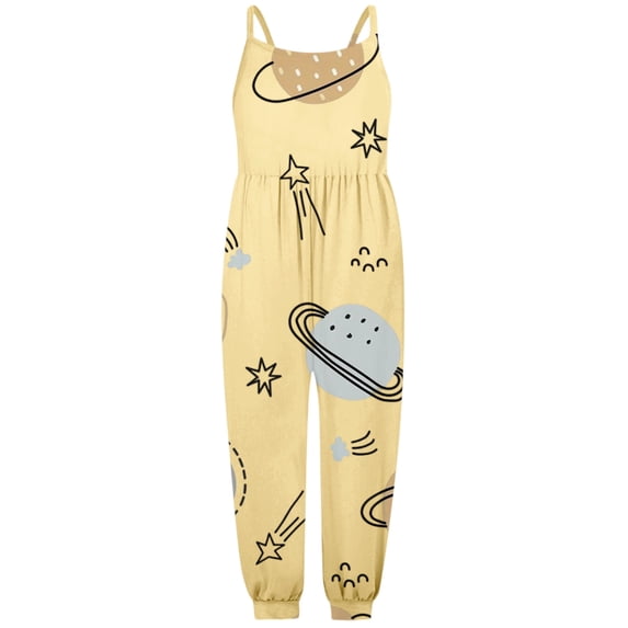 VNKIDY Kids Boys Girls Space Themed Jumpsuit With Cartoon Satr Moon Print Sleeveless Spaghetti Strap Loose Fit Overalls For Casual Daily Wear Yellow 1-2Years