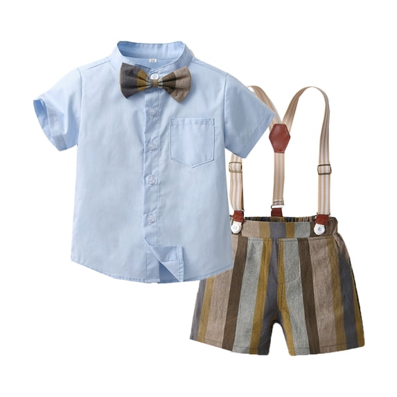 VNKIDY Kids Boys Outfit Set Solid Color Short Sleeve Button Down Shirt Striped Suspender Shorts Formal Summer Set For Party Daily Wear Blue 2-3 Years